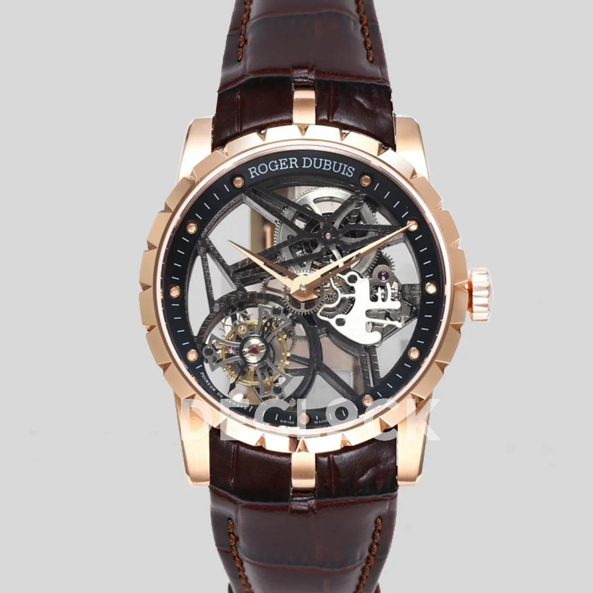 Replica Roger Dubuis Excalibur Spider Skeleton Flying Tourbillon with Brown Leather Strap