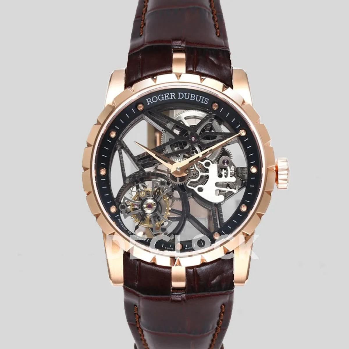 Replica Roger Dubuis Excalibur Spider Skeleton Flying Tourbillon with Brown Leather Strap |  Declock.