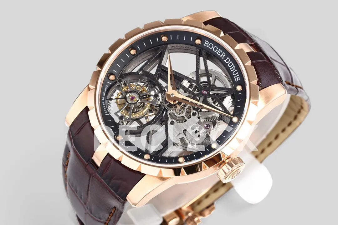 Replica Roger Dubuis Excalibur Spider Skeleton Flying Tourbillon with Brown Leather Strap