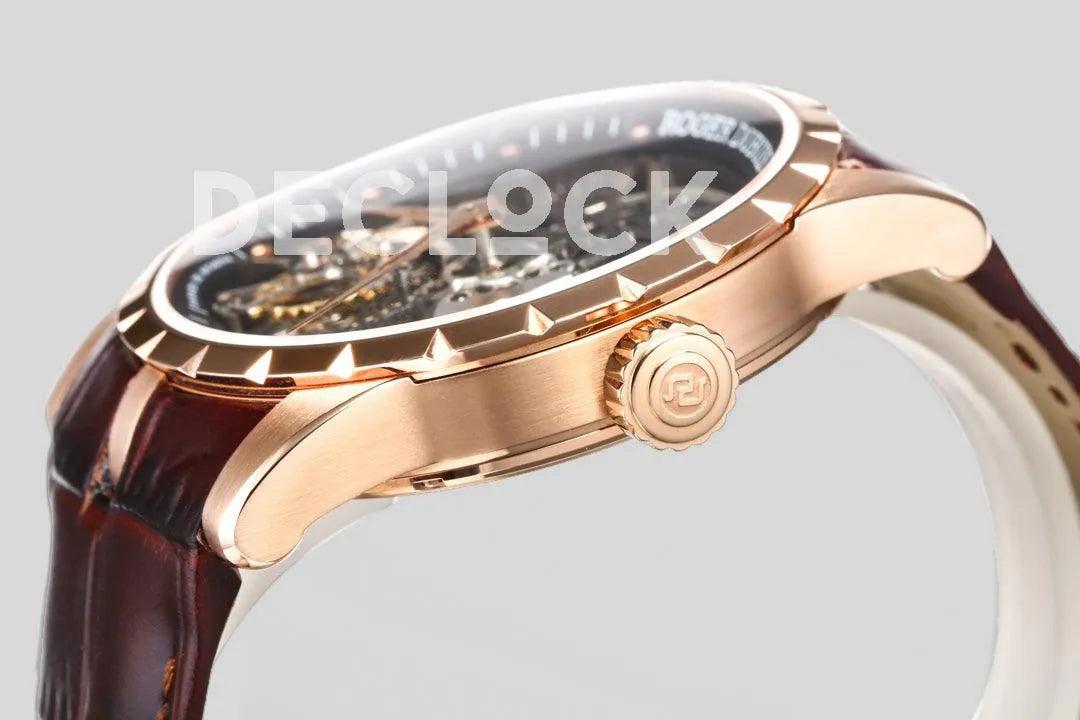 Replica Roger Dubuis Excalibur Spider Skeleton Flying Tourbillon with Brown Leather Strap