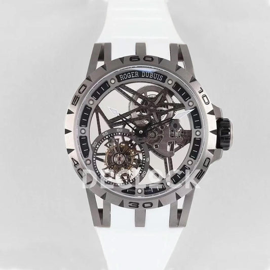 Replica Roger Dubuis Excalibur Spider Skeleton Flying Tourbillon with White Rubber Strap | Declock.