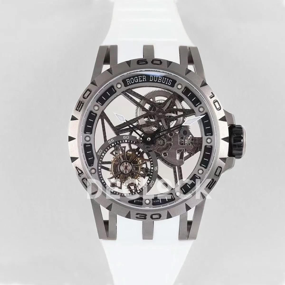 Replica Roger Dubuis Excalibur Spider Skeleton Flying Tourbillon with White Rubber Strap |  Declock.