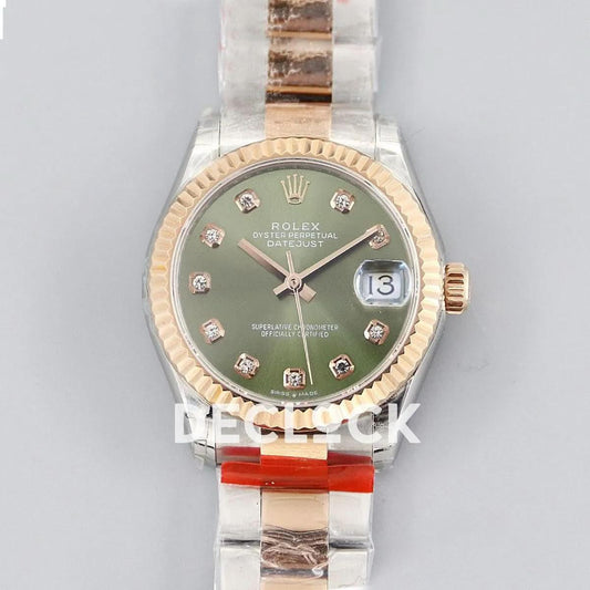 Replica Rolex Datejust 31 278271 Green Dial in Everose Gold with Diamond Markers | Declock.