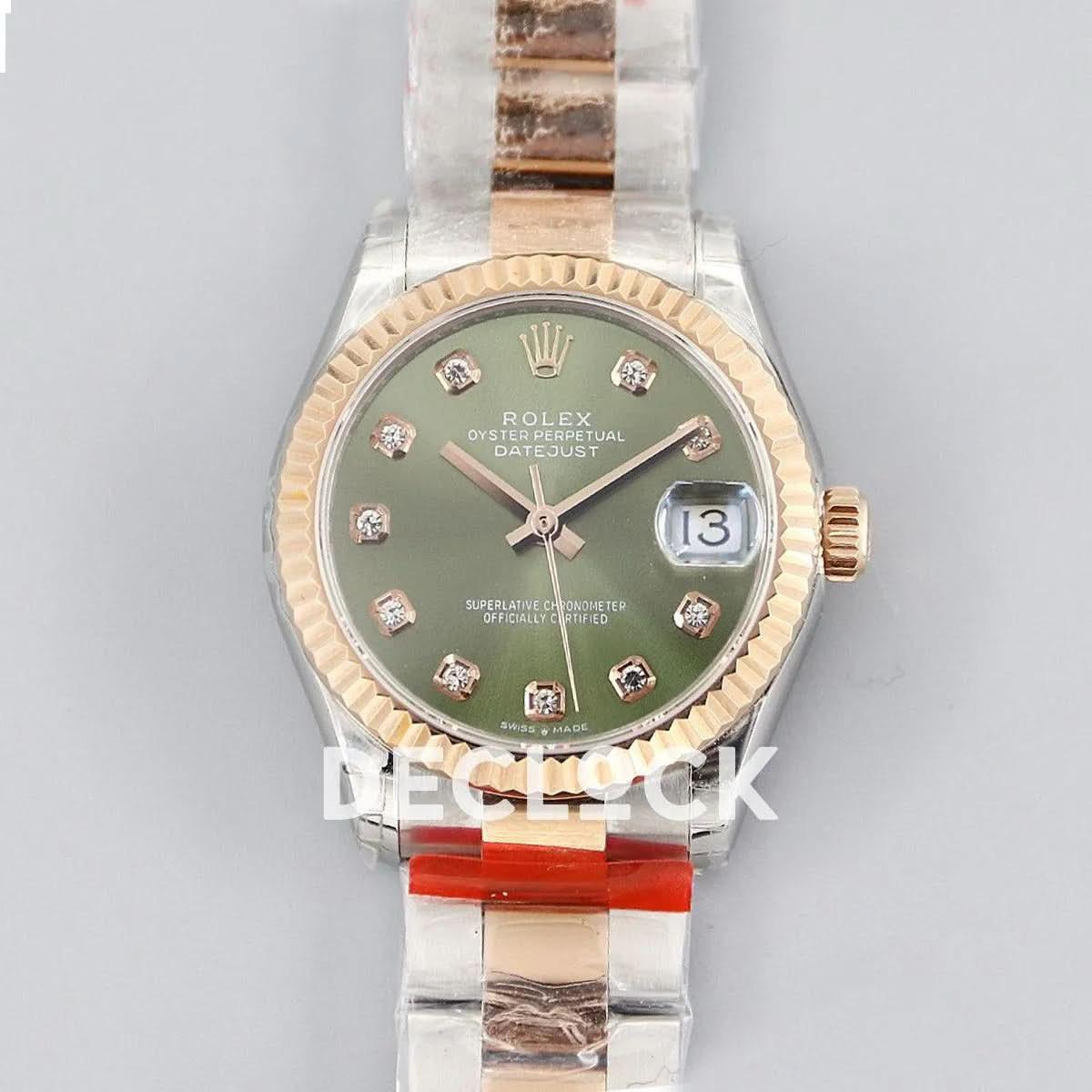 Replica Rolex Datejust 31 278271 Green Dial in Everose Gold with Diamond Markers |  Declock.