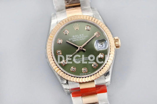 Replica Rolex Datejust 31 278271 Green Dial in Everose Gold with Diamond Markers |  Declock.