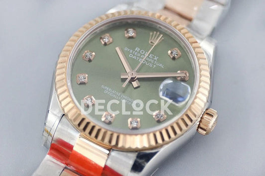 Replica Rolex Datejust 31 278271 Green Dial in Everose Gold with Diamond Markers |  Declock.