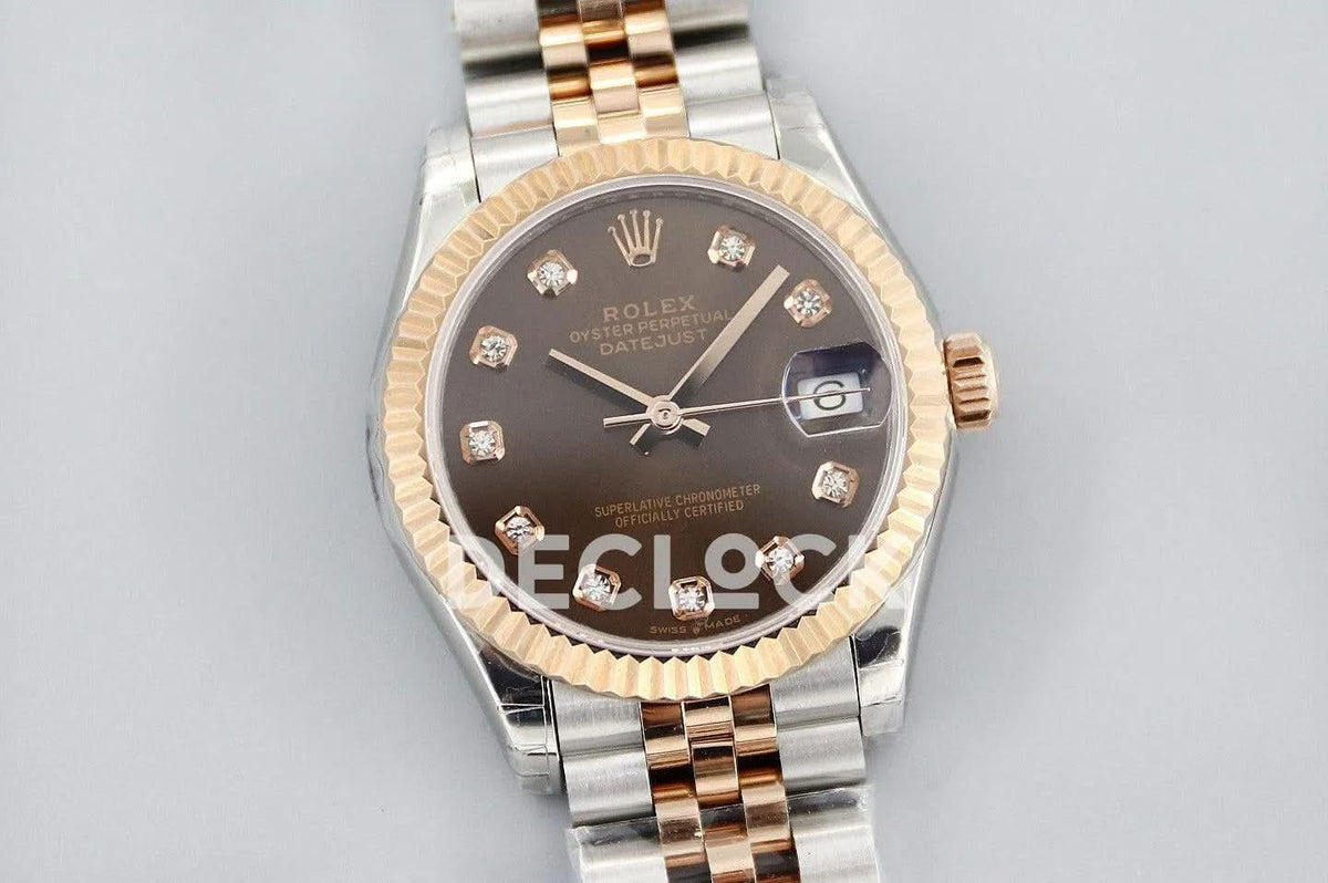 Replica Rolex Datejust 31 278273 Chocolate Dial in Rose Gold with Diamon Markers |  Declock.