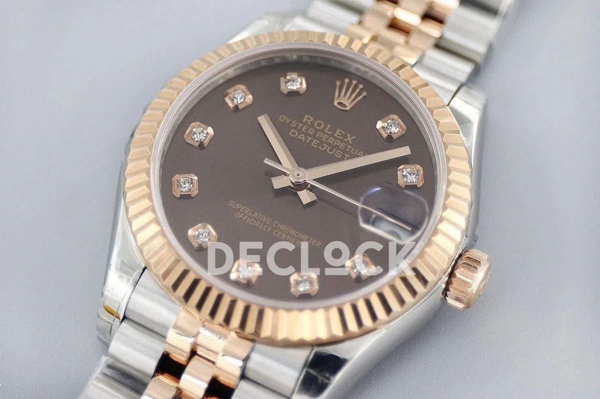 Replica Rolex Datejust 31 278273 Chocolate Dial in Rose Gold with Diamon Markers |  Declock.