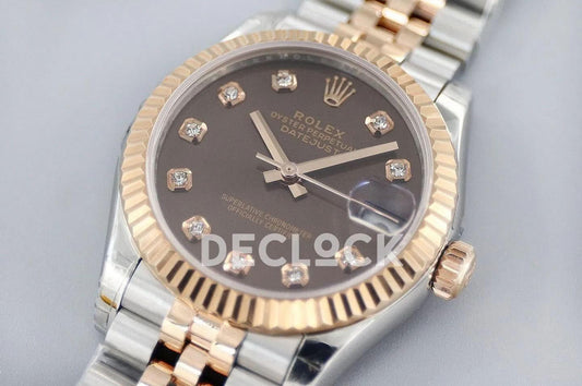 Replica Rolex Datejust 31 278273 Chocolate Dial in Rose Gold with Diamon Markers |  Declock.