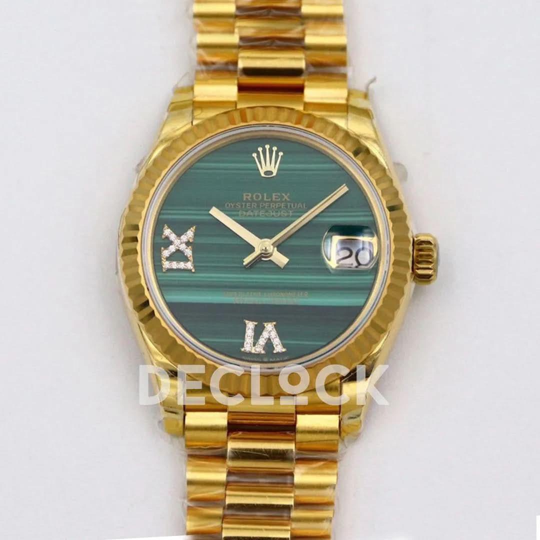 Replica Rolex Datejust 31 Vintage Green Dial in Yellow Gold with Roman Markers |  Declock.