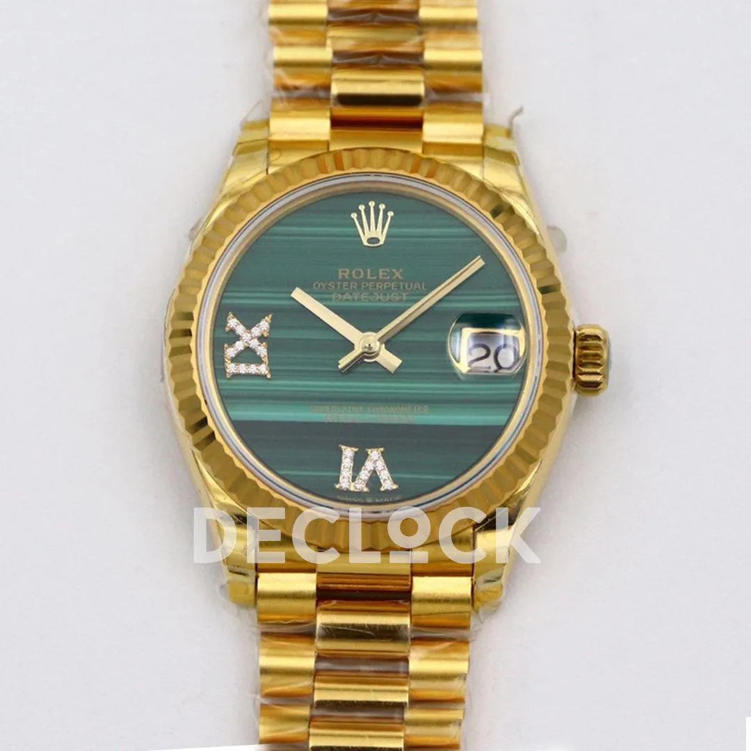 Replica Rolex Datejust 31 Vintage Green Dial in Yellow Gold with Roman Markers