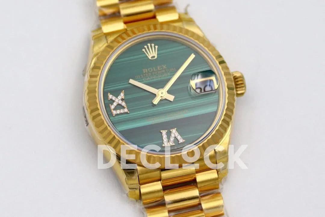 Replica Rolex Datejust 31 Vintage Green Dial in Yellow Gold with Roman Markers |  Declock.