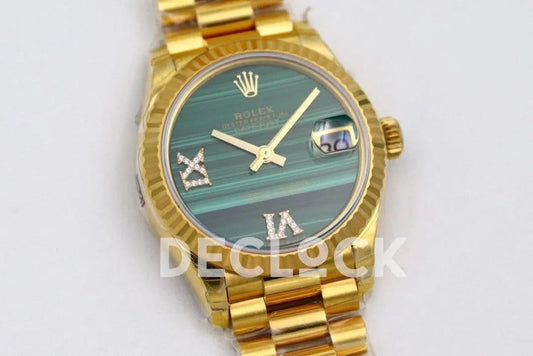 Replica Rolex Datejust 31 Vintage Green Dial in Yellow Gold with Roman Markers |  Declock.