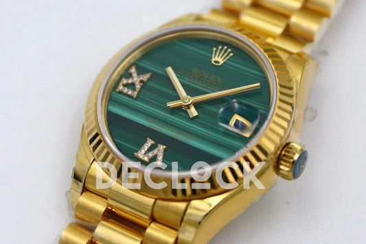 Replica Rolex Datejust 31 Vintage Green Dial in Yellow Gold with Roman Markers |  Declock.