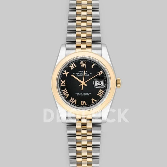 Replica Rolex Datejust 36 126201 Black Dial in Yellow Gold and Steel with Roman Markers | Declock.