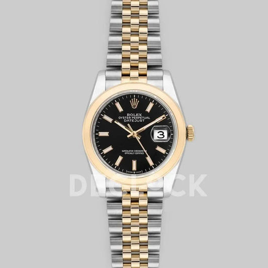 Replica Rolex Datejust 36 126201 Black Dial in Yellow Gold and Steel with Stick Markers | Declock.