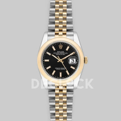 Replica Rolex Datejust 36 126201 Black Dial in Yellow Gold and Steel with Stick Markers