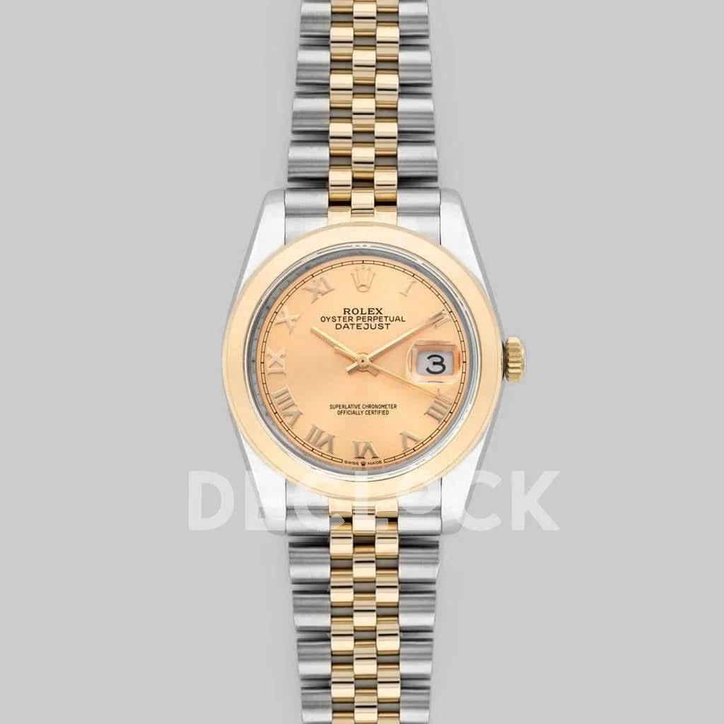 Replica Rolex Datejust 36 126201 Champagne Dial in Yellow Gold and Steel with Roman Markers |  Declock.