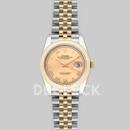Replica Rolex Datejust 36 126201 Champagne Dial in Yellow Gold and Steel with Roman Markers |  Declock.