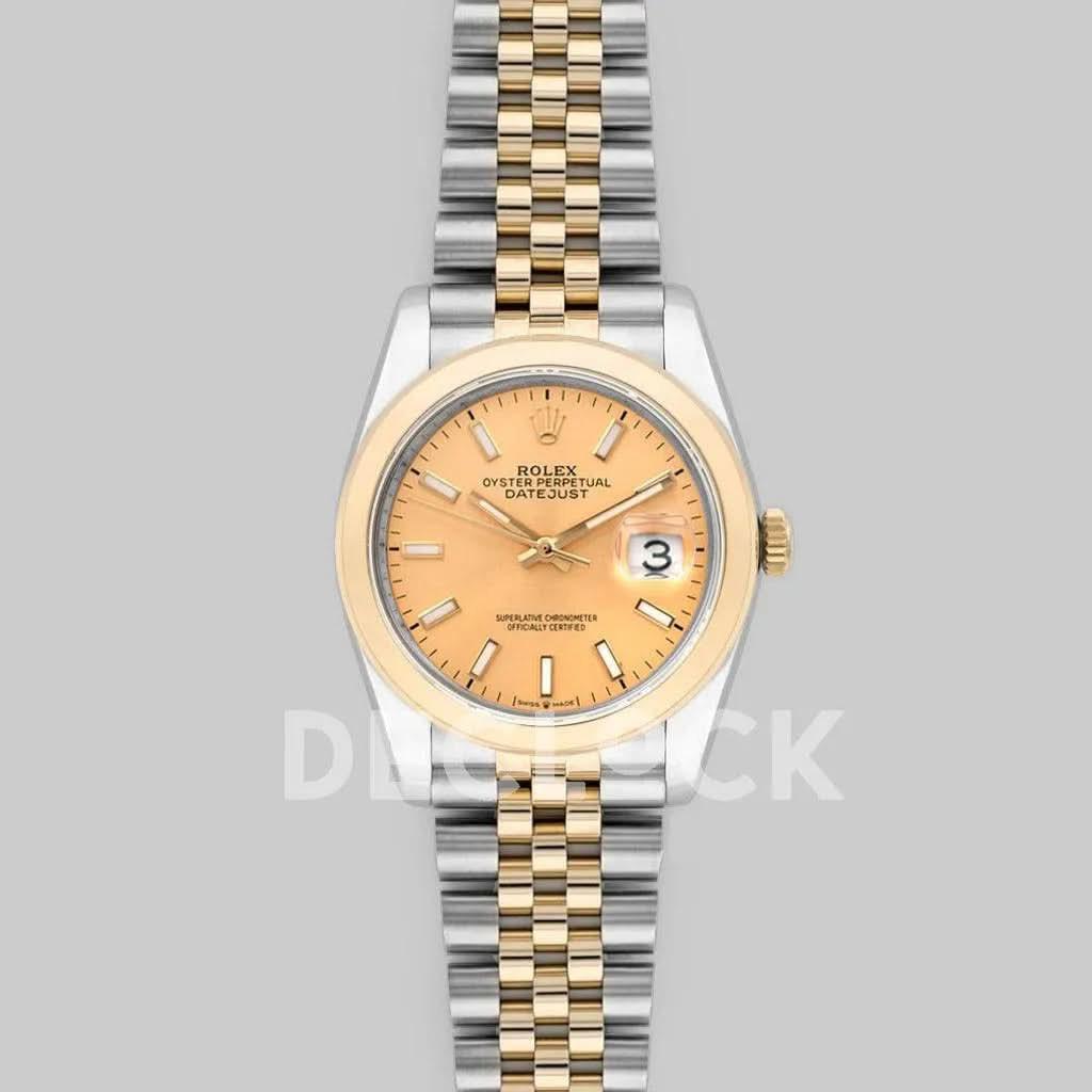 Replica Rolex Datejust 36 126201 Champagne Dial in Yellow Gold and Steel with Stick Markers |  Declock.