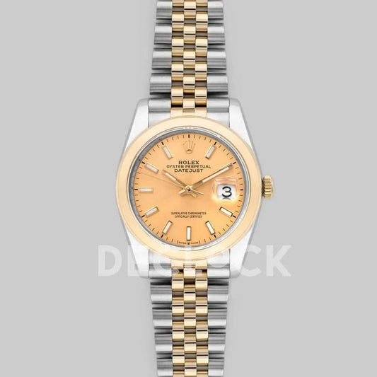 Replica Rolex Datejust 36 126201 Champagne Dial in Yellow Gold and Steel with Stick Markers |  Declock.
