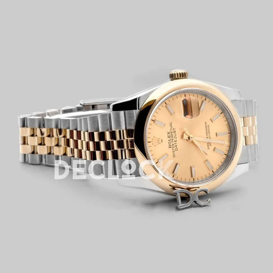Replica Rolex Datejust 36 126201 Champagne Dial in Yellow Gold and Steel with Stick Markers | Declock.