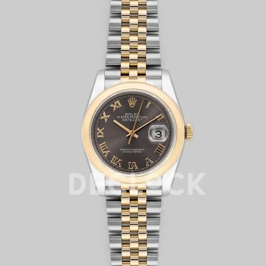 Replica Rolex Datejust 36 126201 Dark Rhodium Dial in Yellow Gold and Steel with Roman Markers |  Declock.