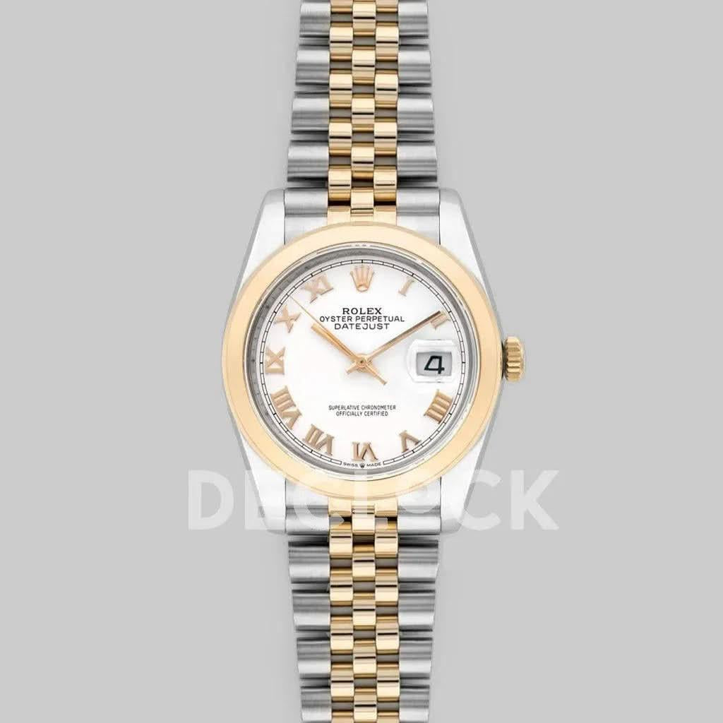 Replica Rolex Datejust 36 126201 White Dial in Yellow Gold and Steel with Roman Markers |  Declock.