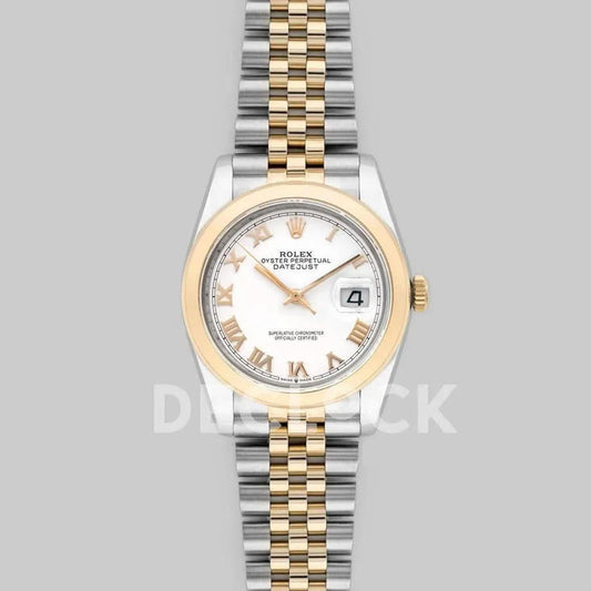 Replica Rolex Datejust 36 126201 White Dial in Yellow Gold and Steel with Roman Markers |  Declock.