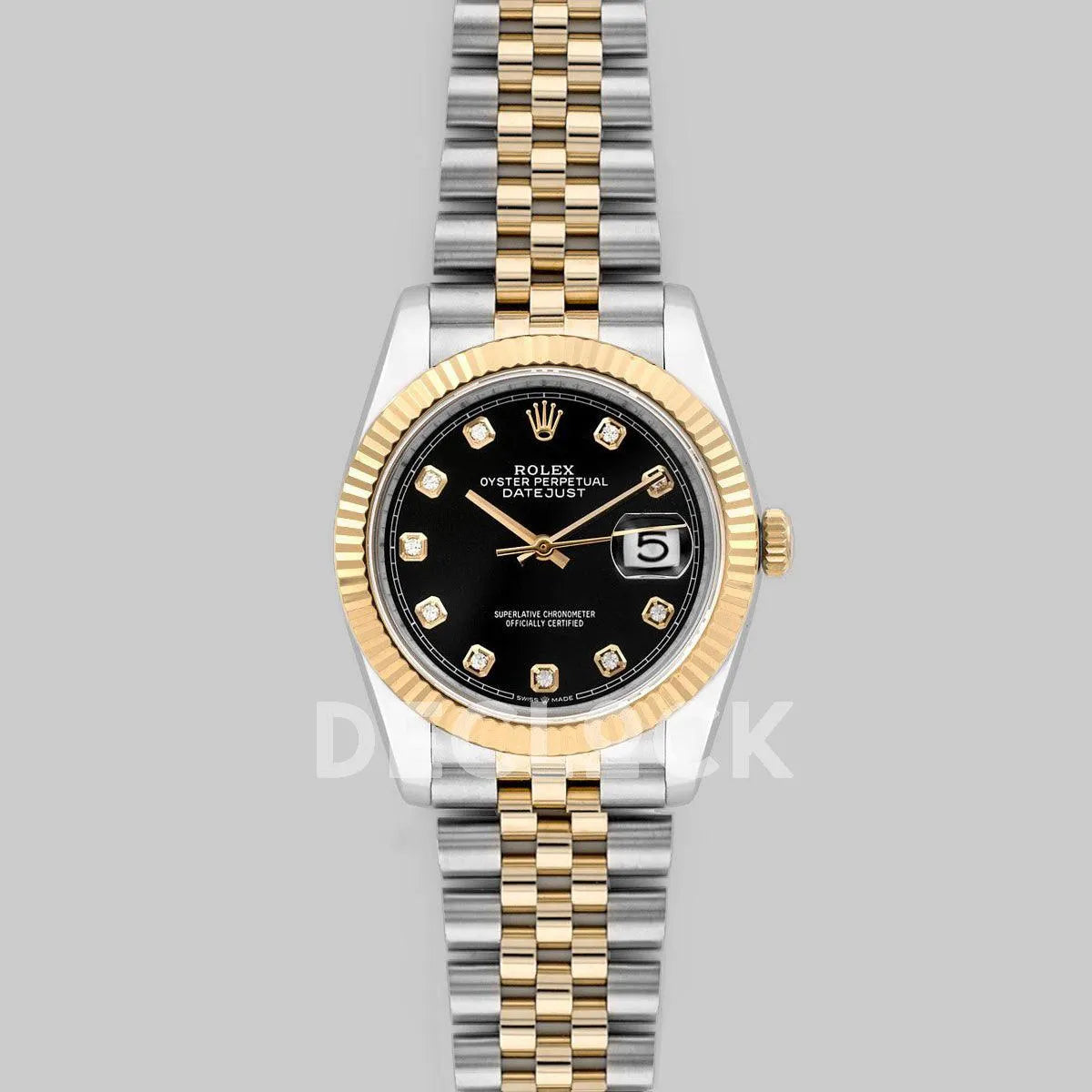 Replica Rolex Datejust 36 126283RBR Black Dial in Yellow Gold and Steel with Diamond Markers - Replica Watches