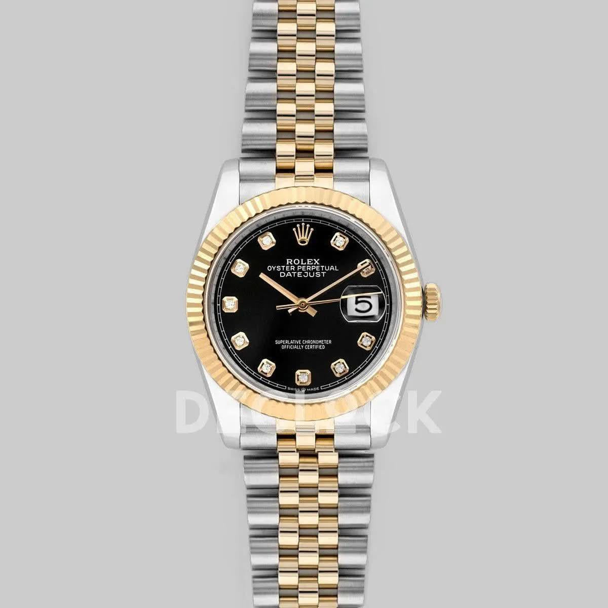 Replica Rolex Datejust 36 126283RBR Black Dial in Yellow Gold and Steel with Diamond Markers |  Declock.