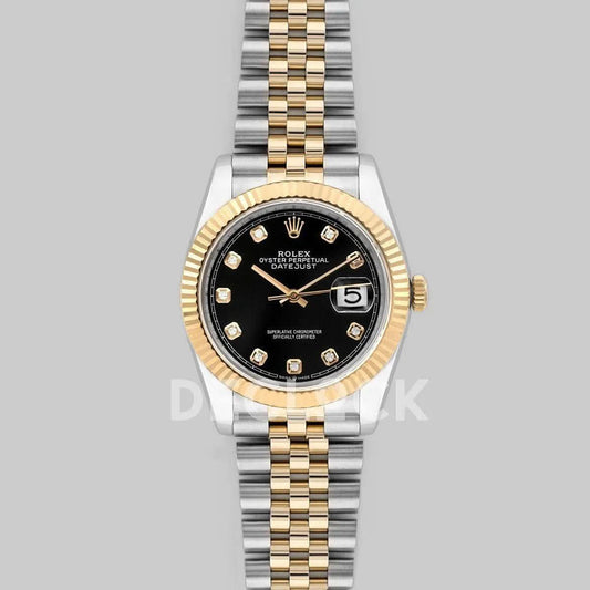 Replica Rolex Datejust 36 126283RBR Black Dial in Yellow Gold and Steel with Diamond Markers |  Declock.