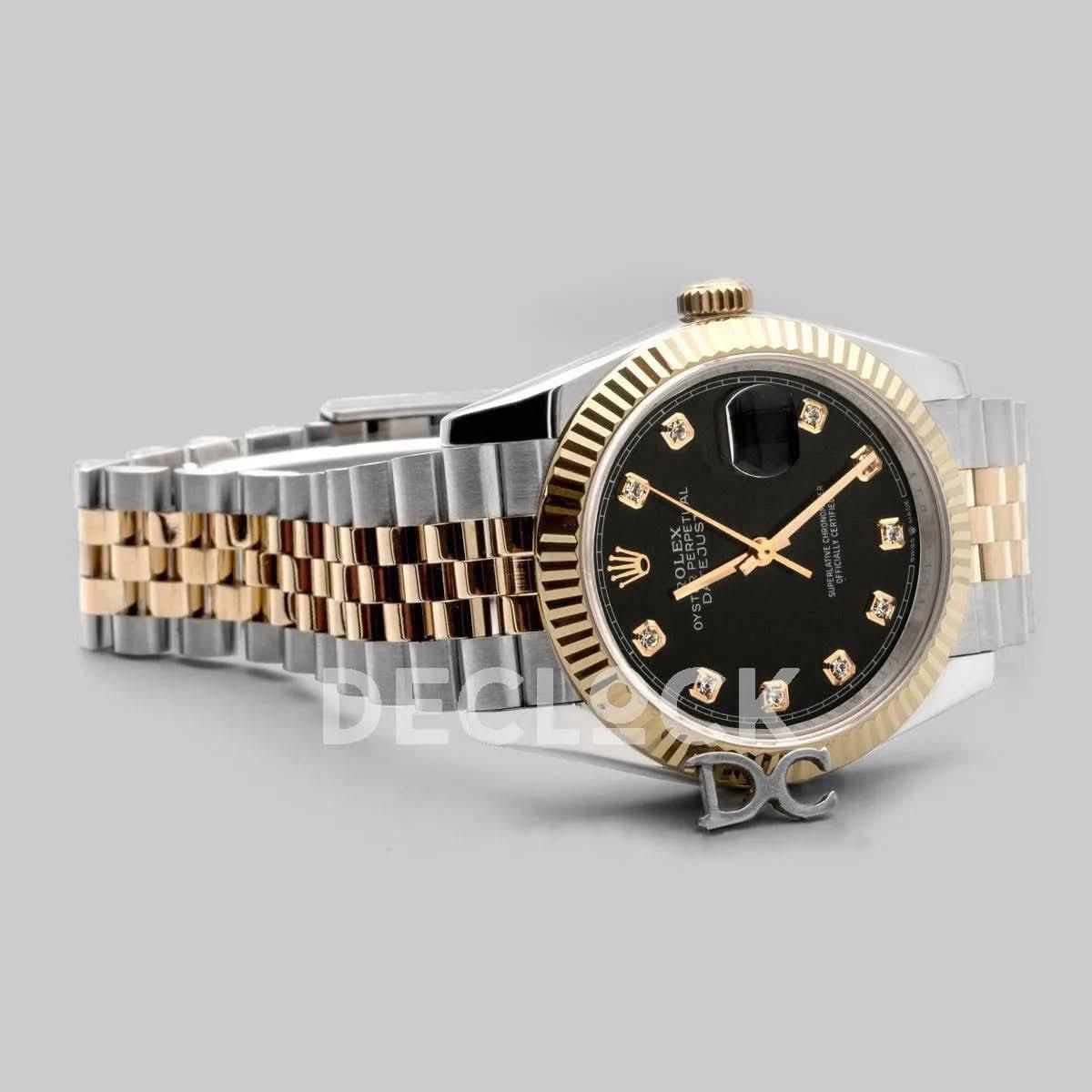 Replica Rolex Datejust 36 126283RBR Black Dial in Yellow Gold and Steel with Diamond Markers |  Declock.