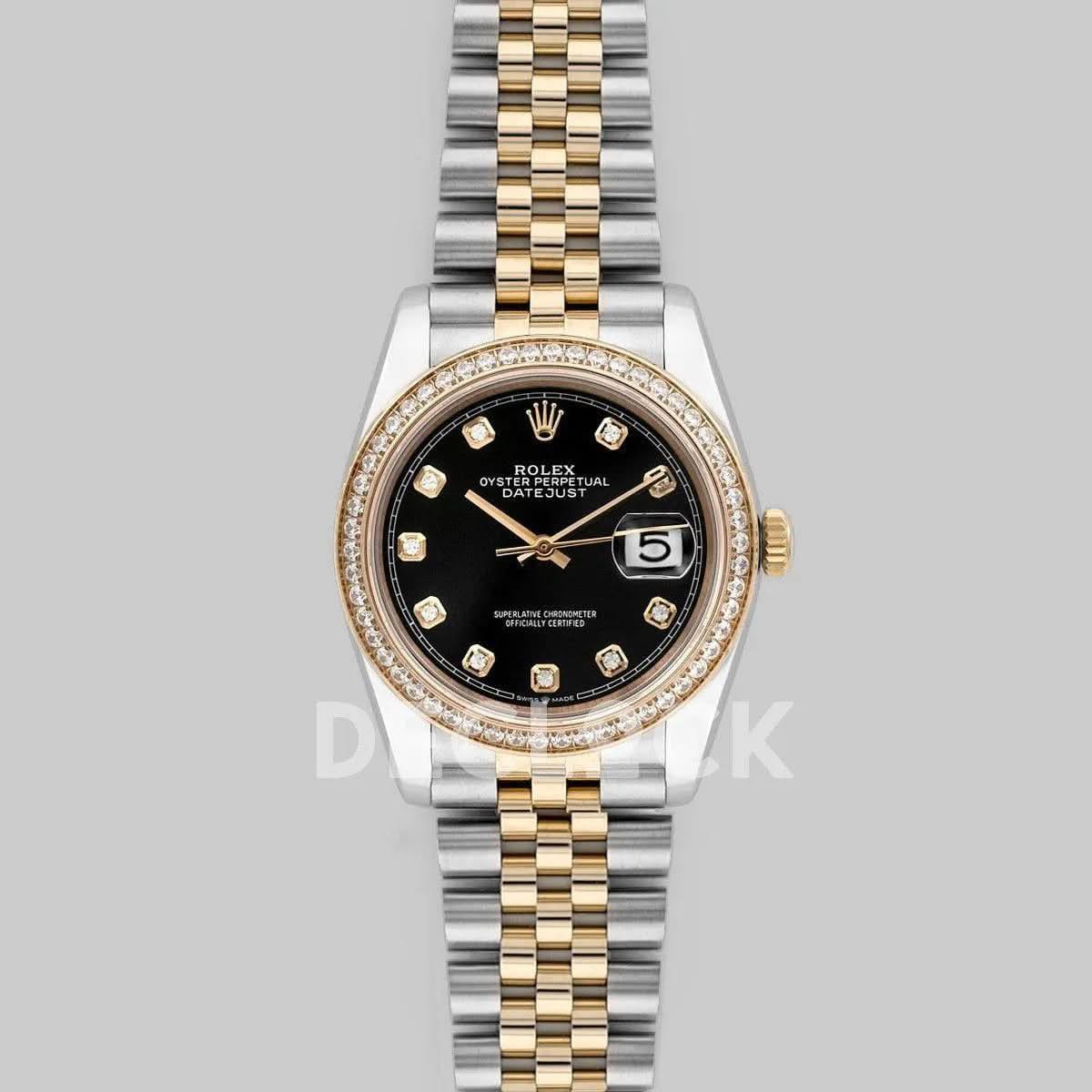 Replica Rolex Datejust 36 126283RBR Black Dial in Yellow Gold and Steel with Diamond Set Bezel and Diamond Markers |  Declock.