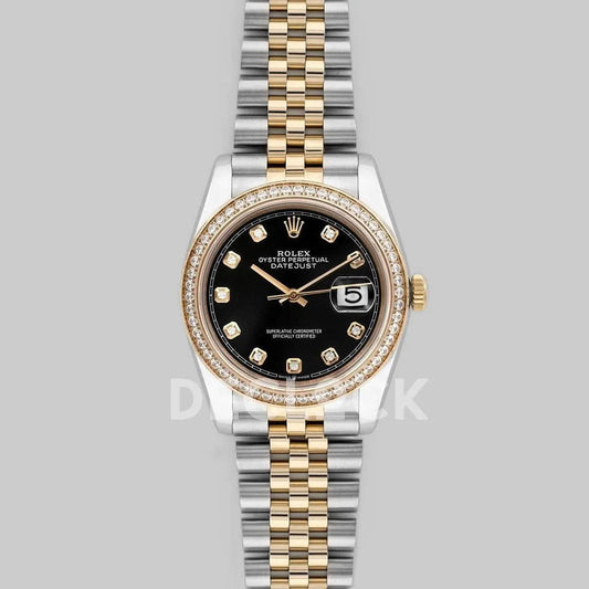 Replica Rolex Datejust 36 126283RBR Black Dial in Yellow Gold and Steel with Diamond Set Bezel and Diamond Markers |  Declock.