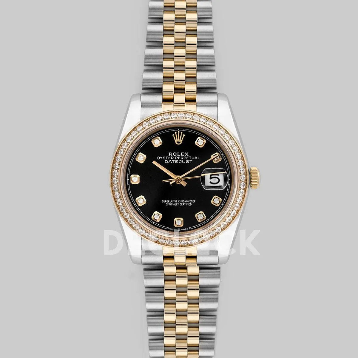 Replica Rolex Datejust 36 126283RBR Black Dial in Yellow Gold and Steel with Diamond Set Bezel and Diamond Markers - Replica Watches