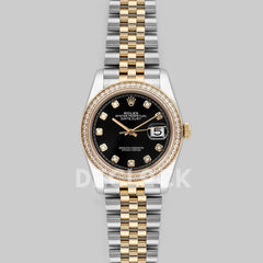 Replica Rolex Datejust 36 126283RBR Black Dial in Yellow Gold and Steel with Diamond Set Bezel and Diamond Markers