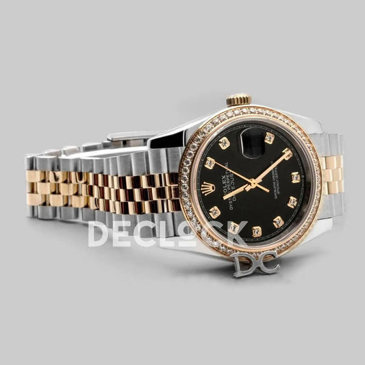 Replica Rolex Datejust 36 126283RBR Black Dial in Yellow Gold and Steel with Diamond Set Bezel and Diamond Markers | Declock.