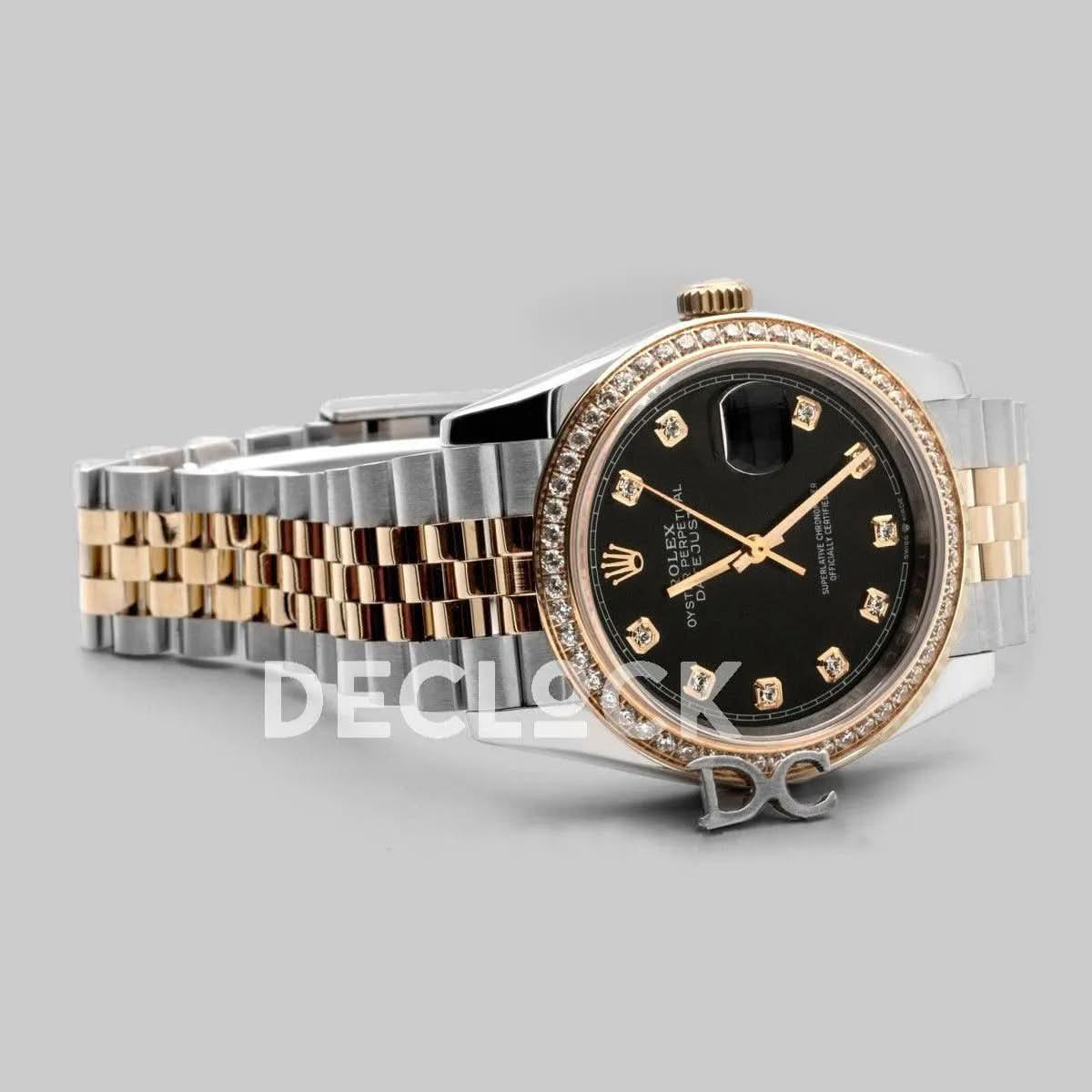 Replica Rolex Datejust 36 126283RBR Black Dial in Yellow Gold and Steel with Diamond Set Bezel and Diamond Markers |  Declock.