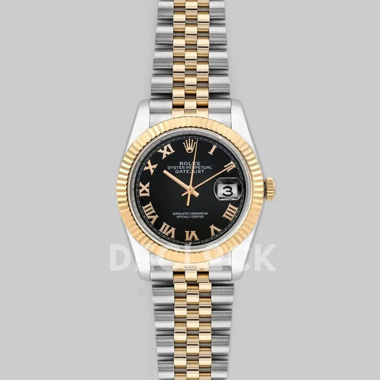 Replica Rolex Datejust 36 126283RBR Black Dial in Yellow Gold and Steel with Roman Numerals Markers | Declock.