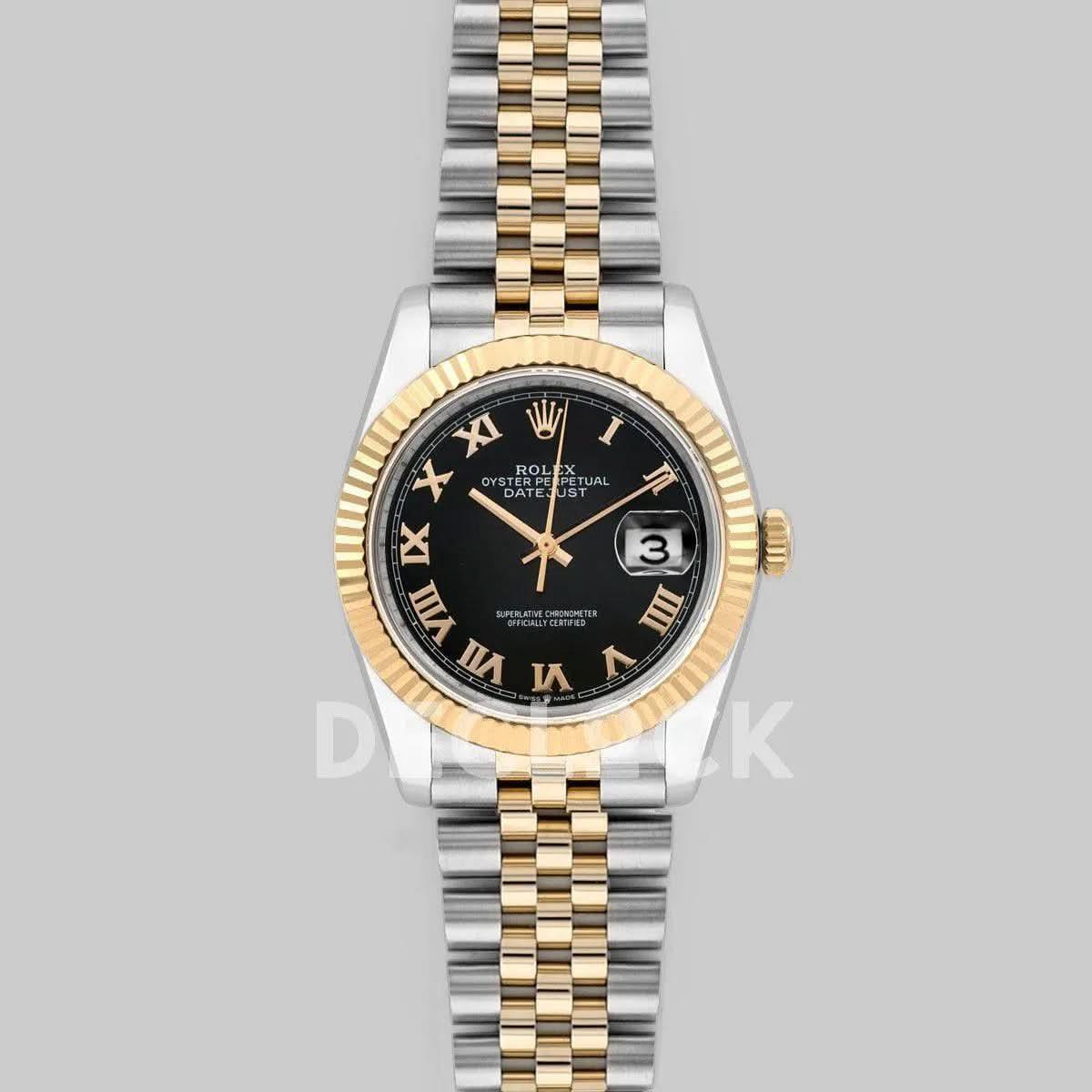 Replica Rolex Datejust 36 126283RBR Black Dial in Yellow Gold and Steel with Roman Numerals Markers |  Declock.