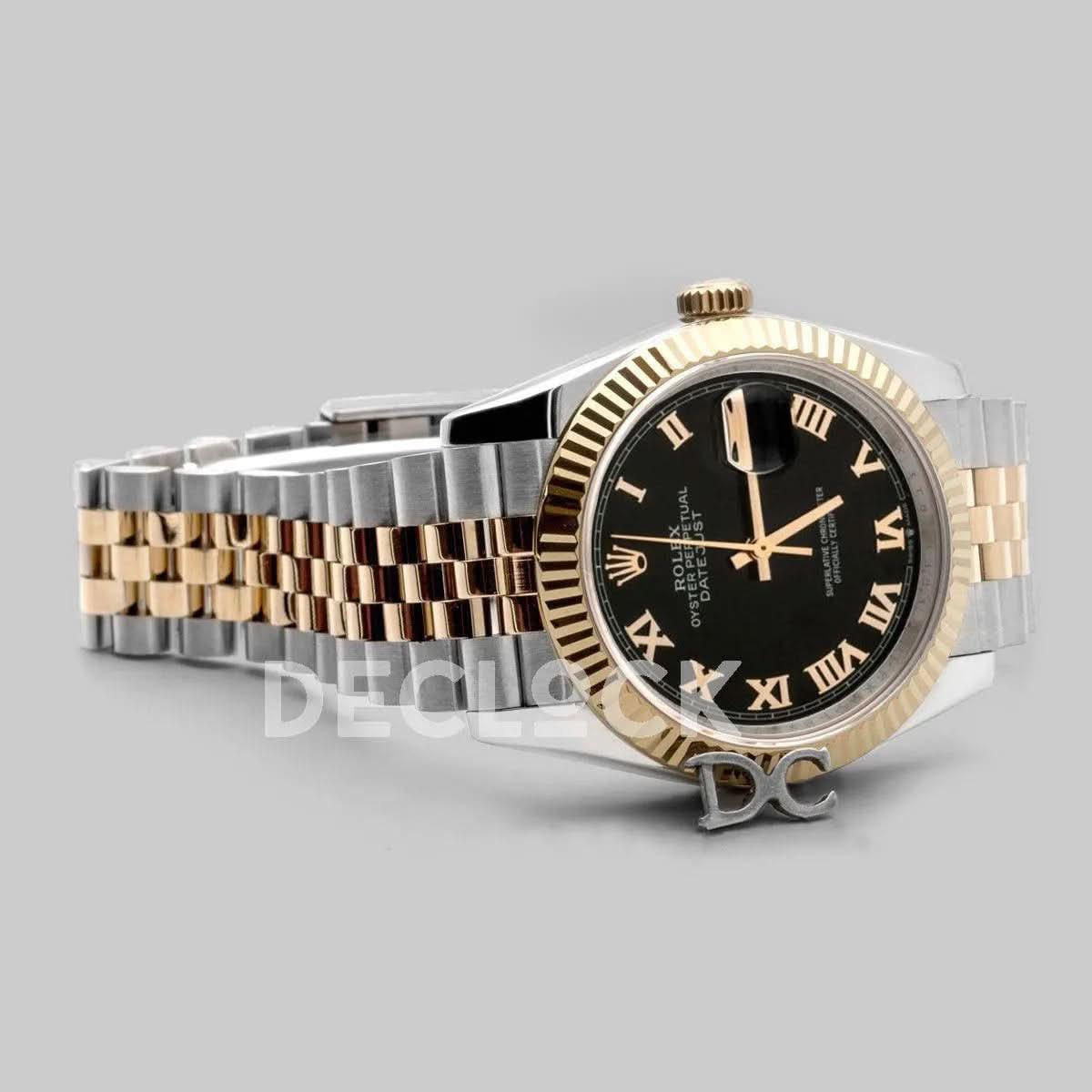 Replica Rolex Datejust 36 126283RBR Black Dial in Yellow Gold and Steel with Roman Numerals Markers |  Declock.