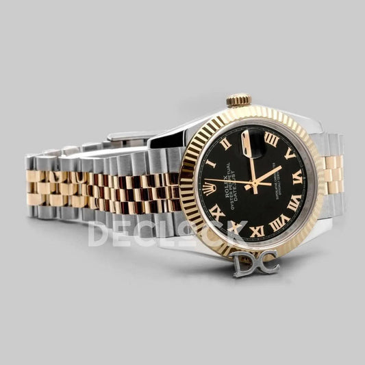 Replica Rolex Datejust 36 126283RBR Black Dial in Yellow Gold and Steel with Roman Numerals Markers |  Declock.