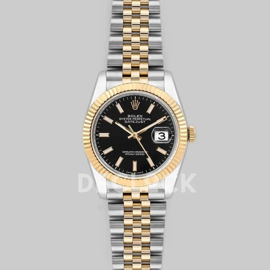 Replica Rolex Datejust 36 126283RBR Black Dial in Yellow Gold and Steel with Stick Markers | Declock.