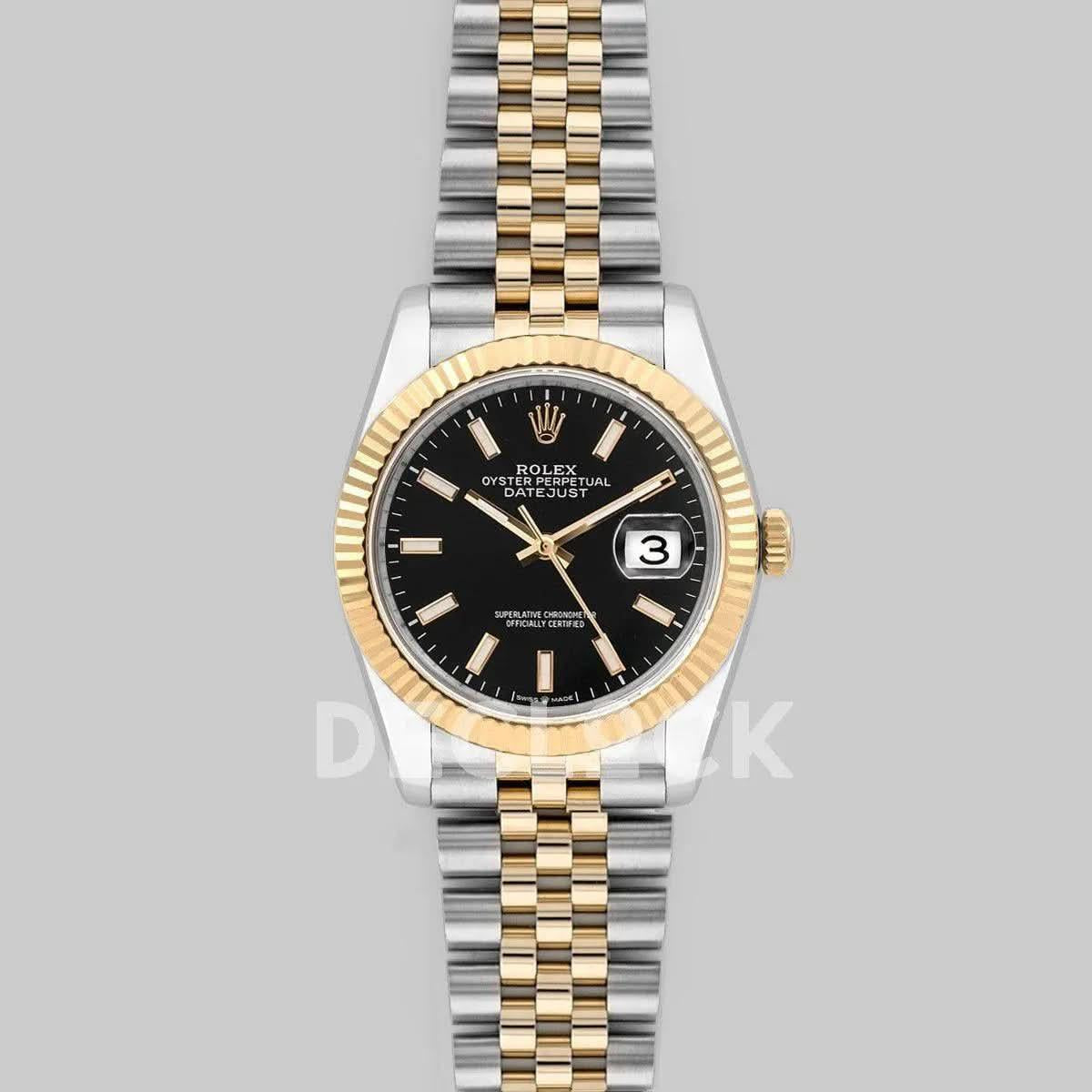 Replica Rolex Datejust 36 126283RBR Black Dial in Yellow Gold and Steel with Stick Markers |  Declock.