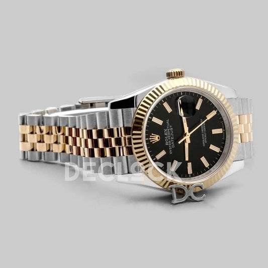 Replica Rolex Datejust 36 126283RBR Black Dial in Yellow Gold and Steel with Stick Markers |  Declock.