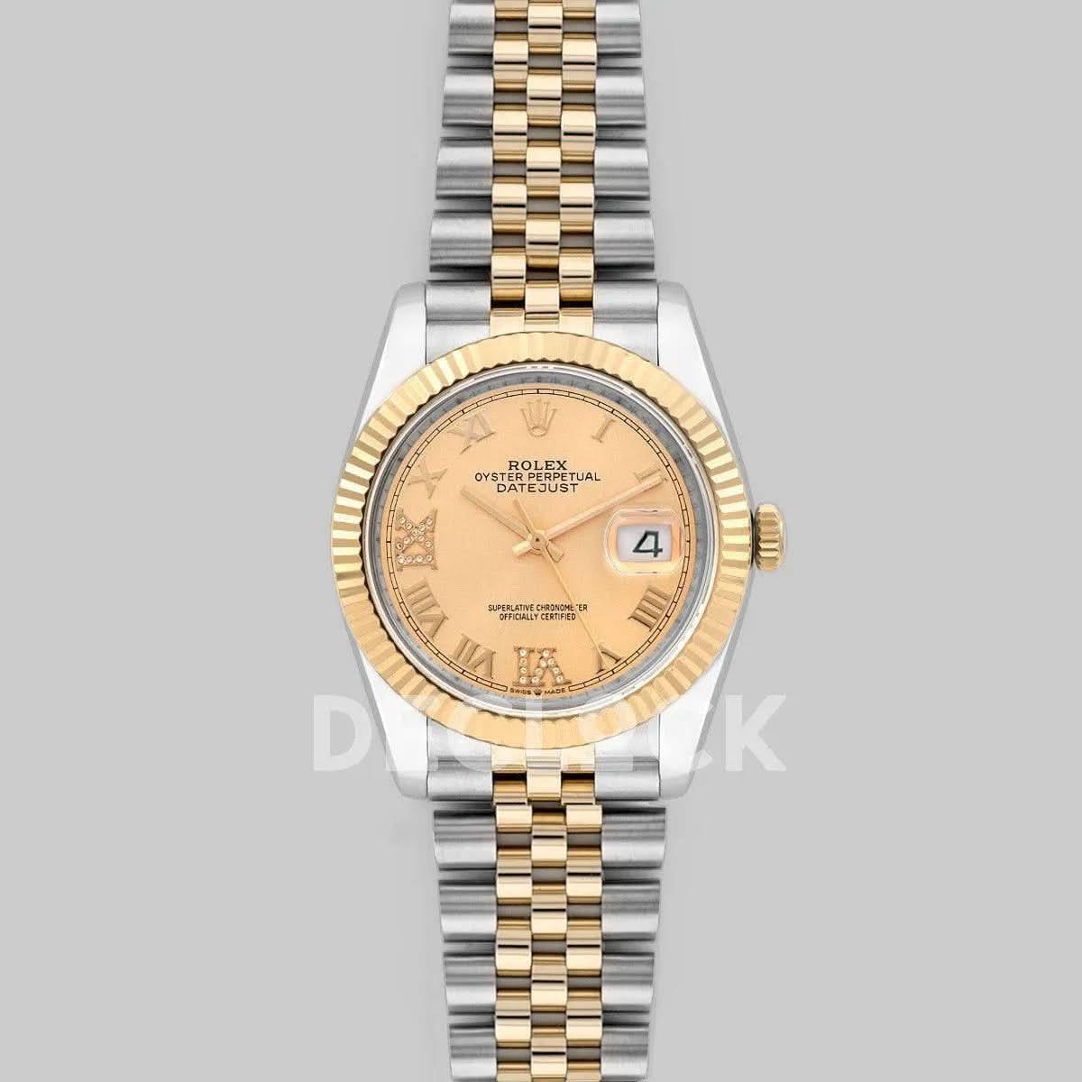 Replica Rolex Datejust 36 126283RBR Champagne Dial in Yellow Gold and Steel with Diamond Roman Numerals Markers |  Declock.
