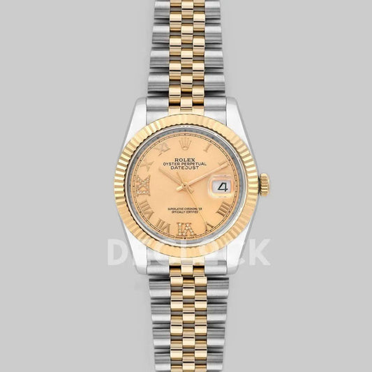 Replica Rolex Datejust 36 126283RBR Champagne Dial in Yellow Gold and Steel with Diamond Roman Numerals Markers |  Declock.