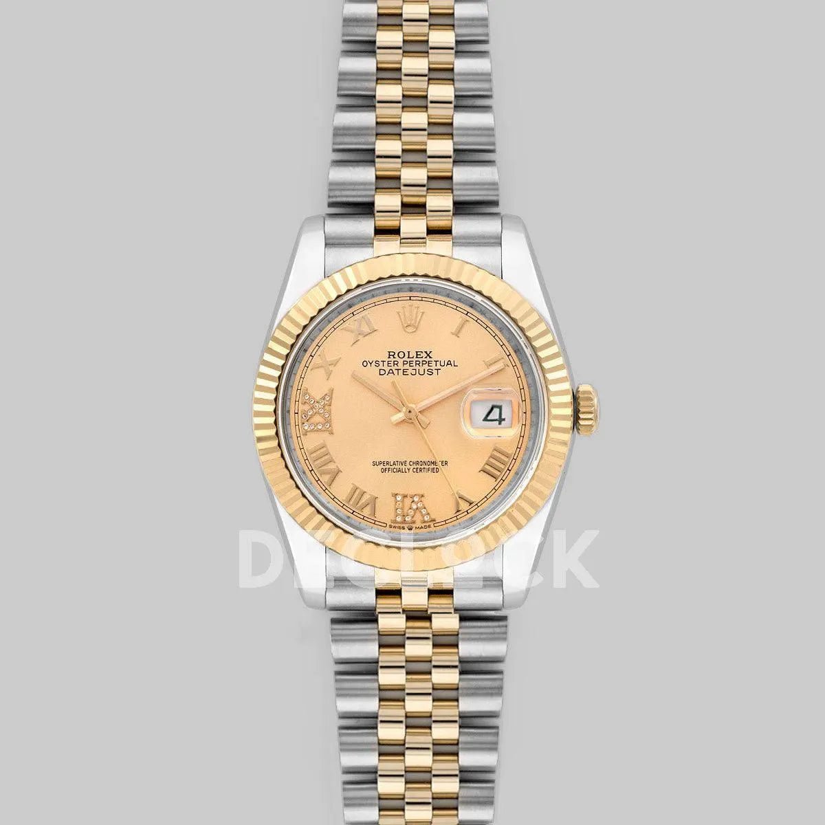 Replica Rolex Datejust 36 126283RBR Champagne Dial in Yellow Gold and Steel with Diamond Roman Numerals Markers