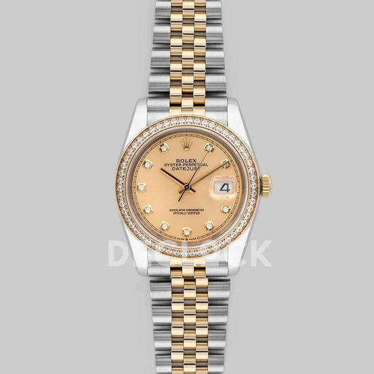 Replica Rolex Datejust 36 126283RBR Champagne Dial in Yellow Gold and Steel with Diamond Set Bezel and Diamond Markers |  Declock.
